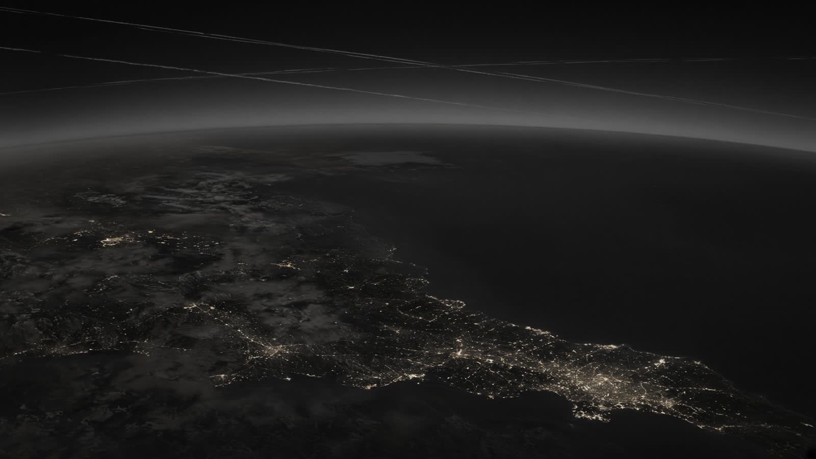 A satellite catching sunlight over a curved Earth, solar arrays lit against the terminator.