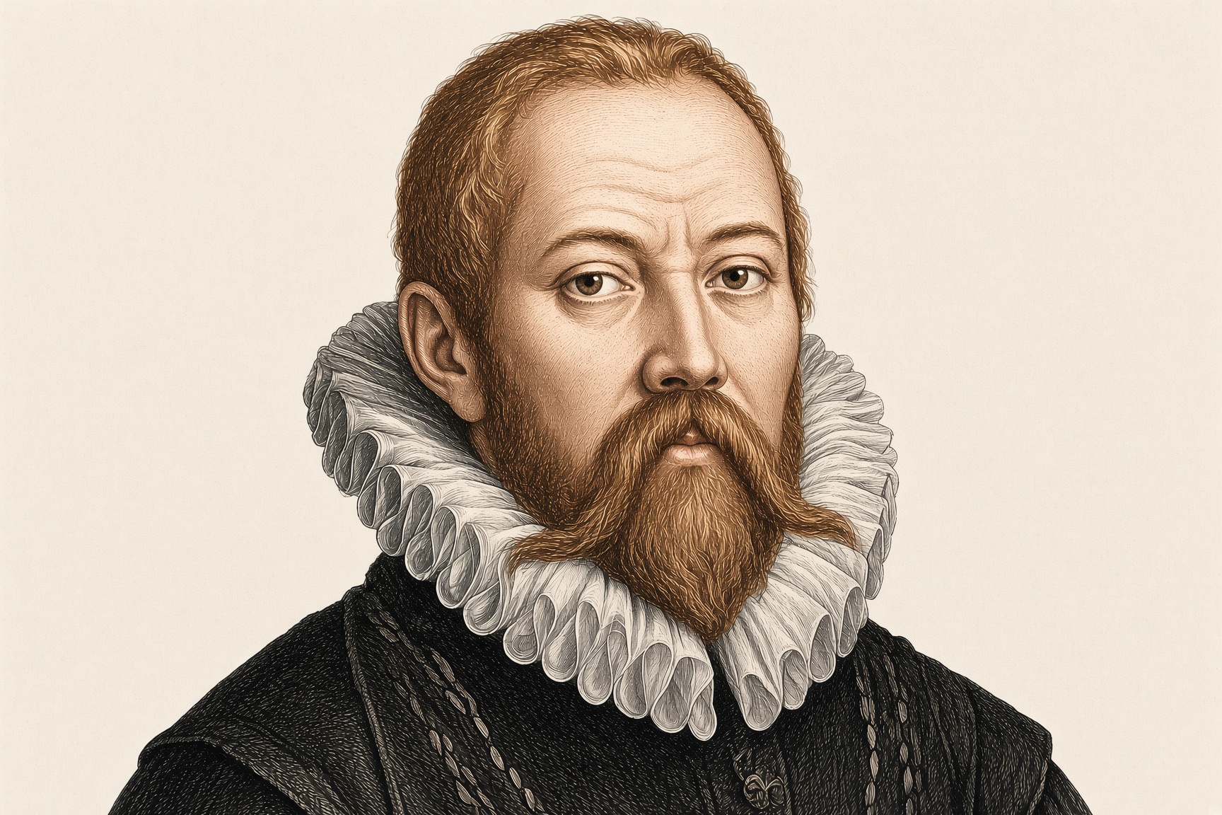 Copperplate engraving of Tycho Brahe: high forehead, ruff, fair beard, empty field.