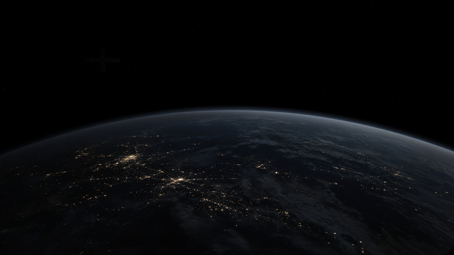 Earth’s night side from orbit, a faint satellite far from the camera, thin atmosphere.