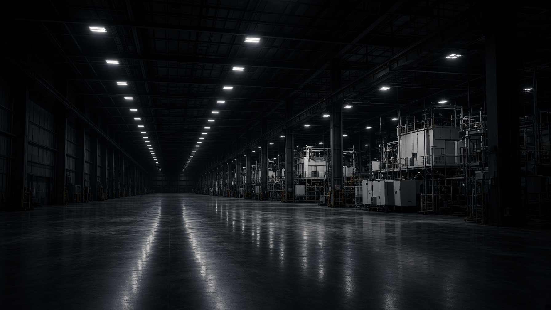 A vast empty manufacturing hall at night, rows of lights receding into darkness.