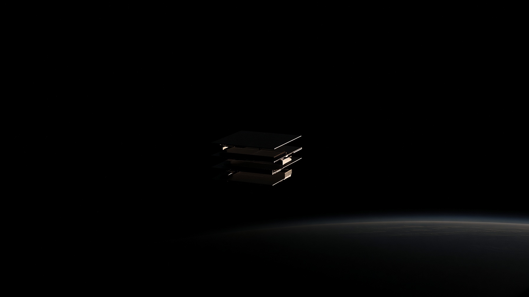 A sparse stack of dark satellite buses in empty orbit, a thin line of sunlight, Earth limb distant.
