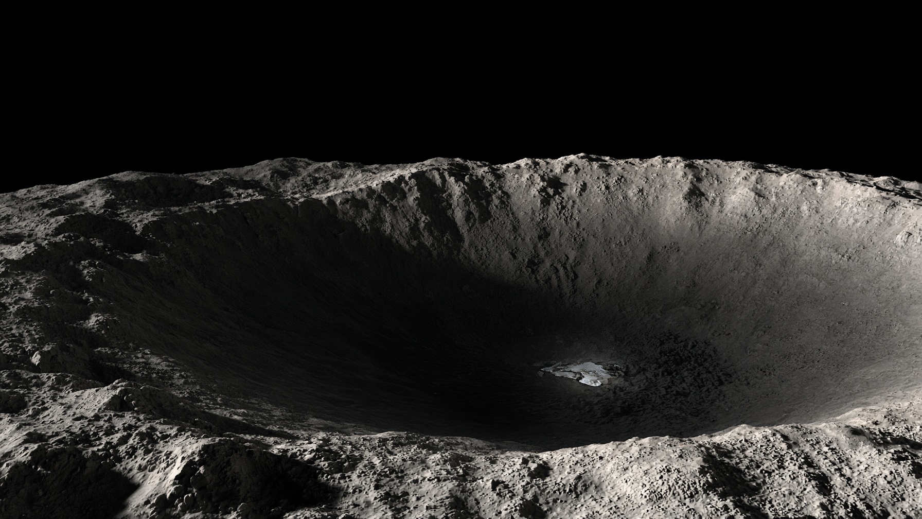 A lunar polar crater in high contrast, ice glinting in permanent shadow on the floor.
