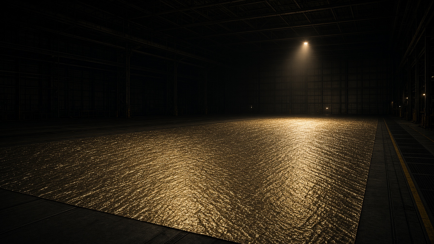 A vast metallic mesh unfurled on a hangar floor. Arrays as manufacturing.