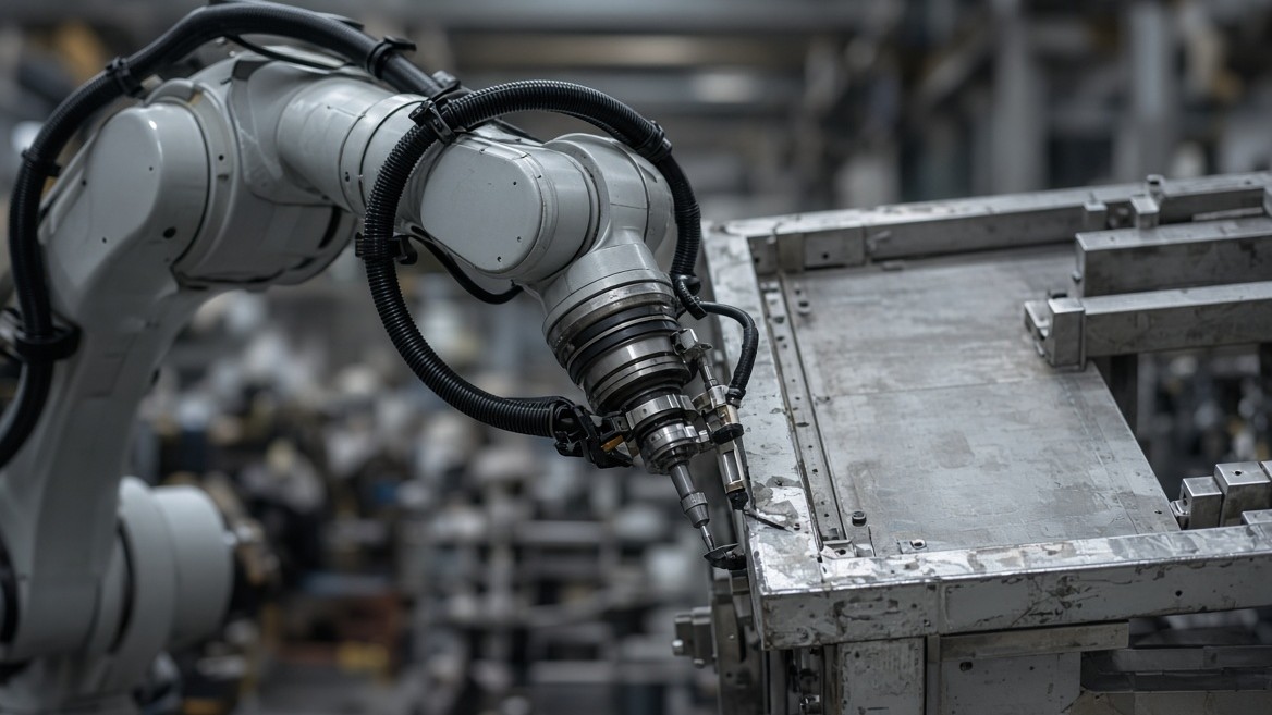 A robotic arm on a metal fixture. Conversion as a line.