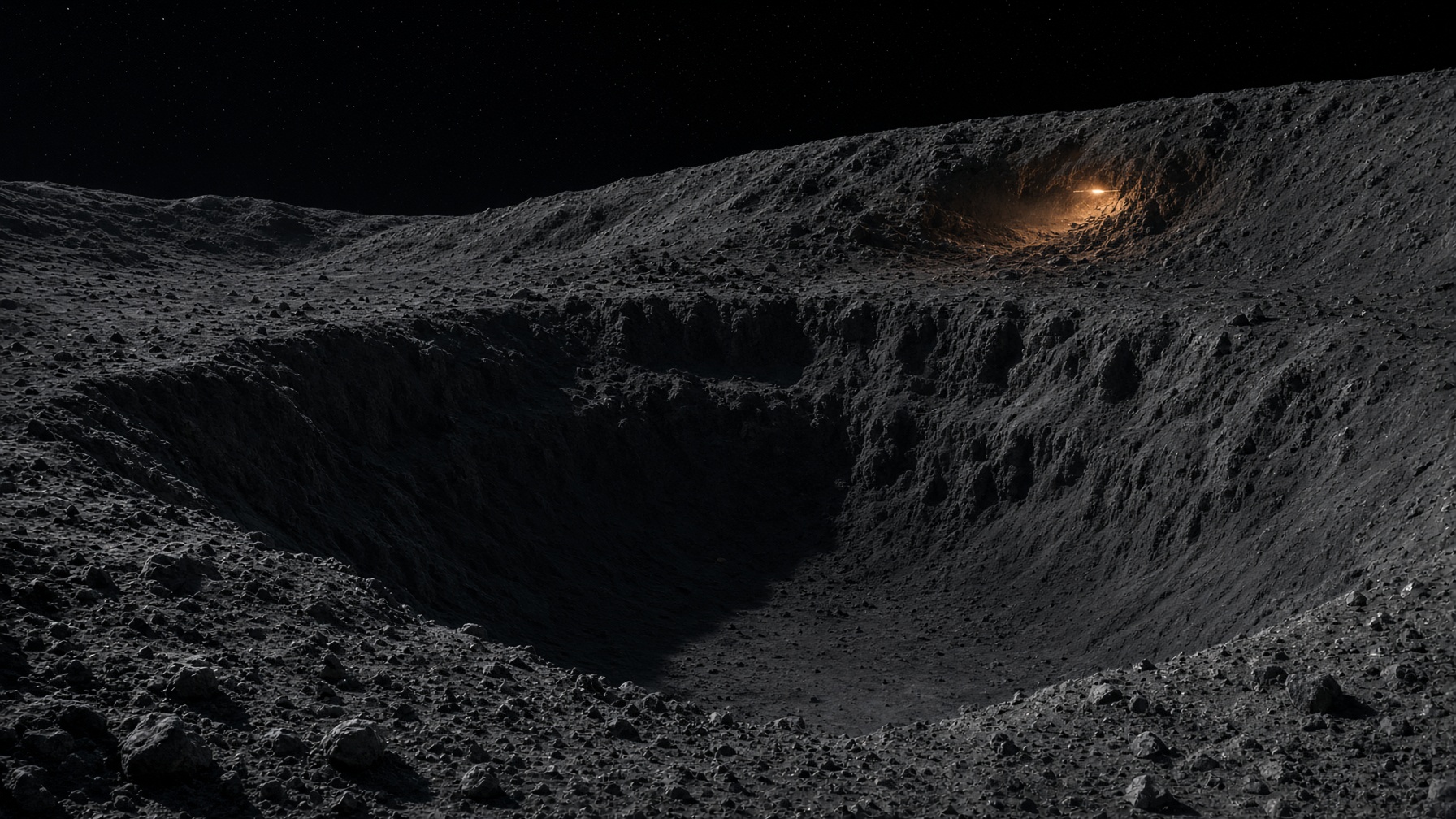 A lunar pit in permanent shadow. One industrial glow. The working face.