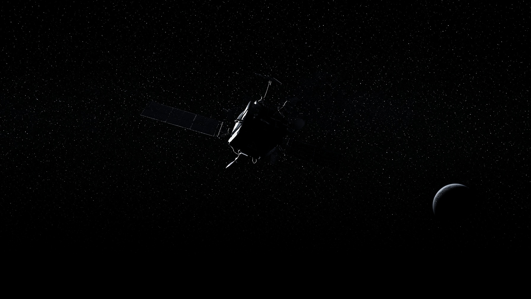 Low-angle satellite silhouette, starfield, Earth a distant crescent.