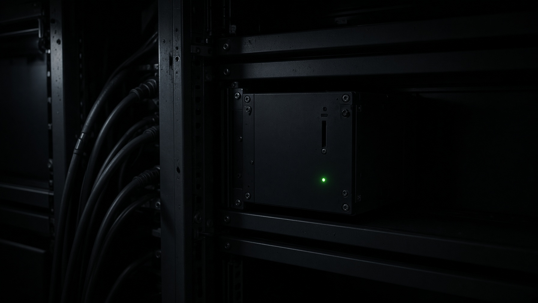 A dark equipment rack, one status light, cables into shadow.