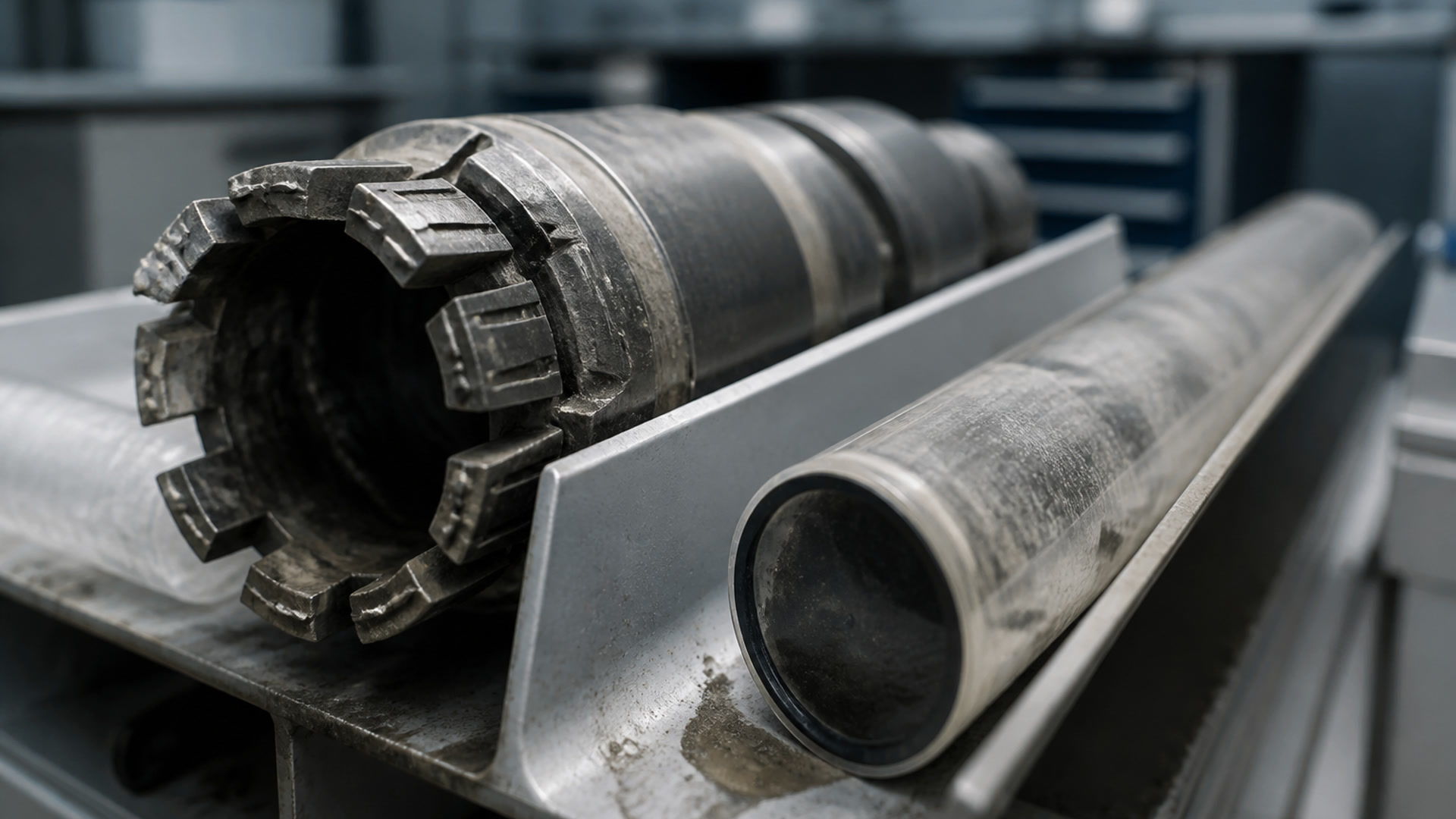 Core drill bit and dusty sample tube.