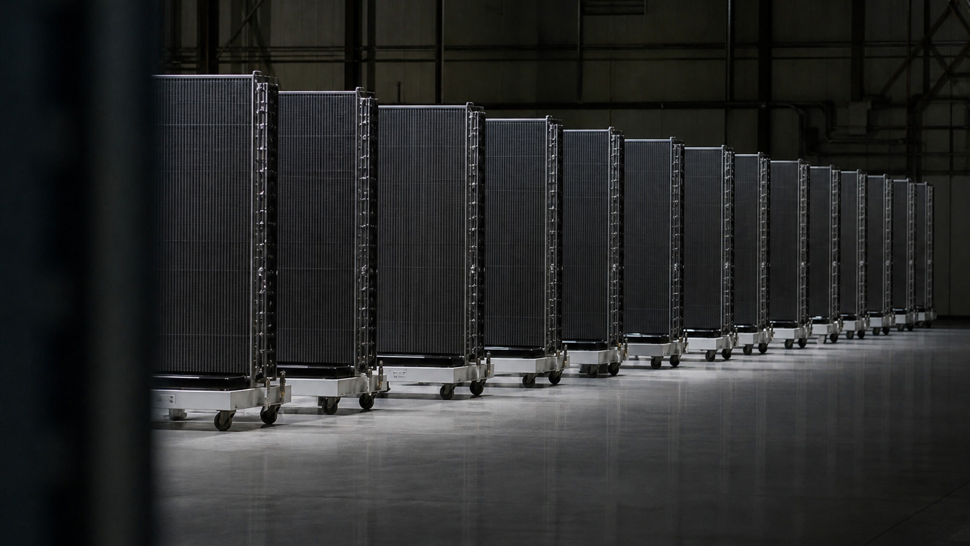 Radiator panels on dollies in a row.