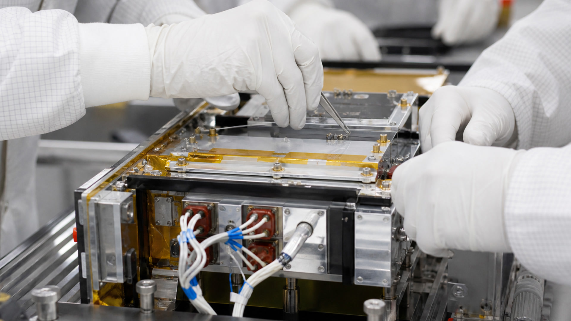 Gloved hands assembling a satellite bus.
