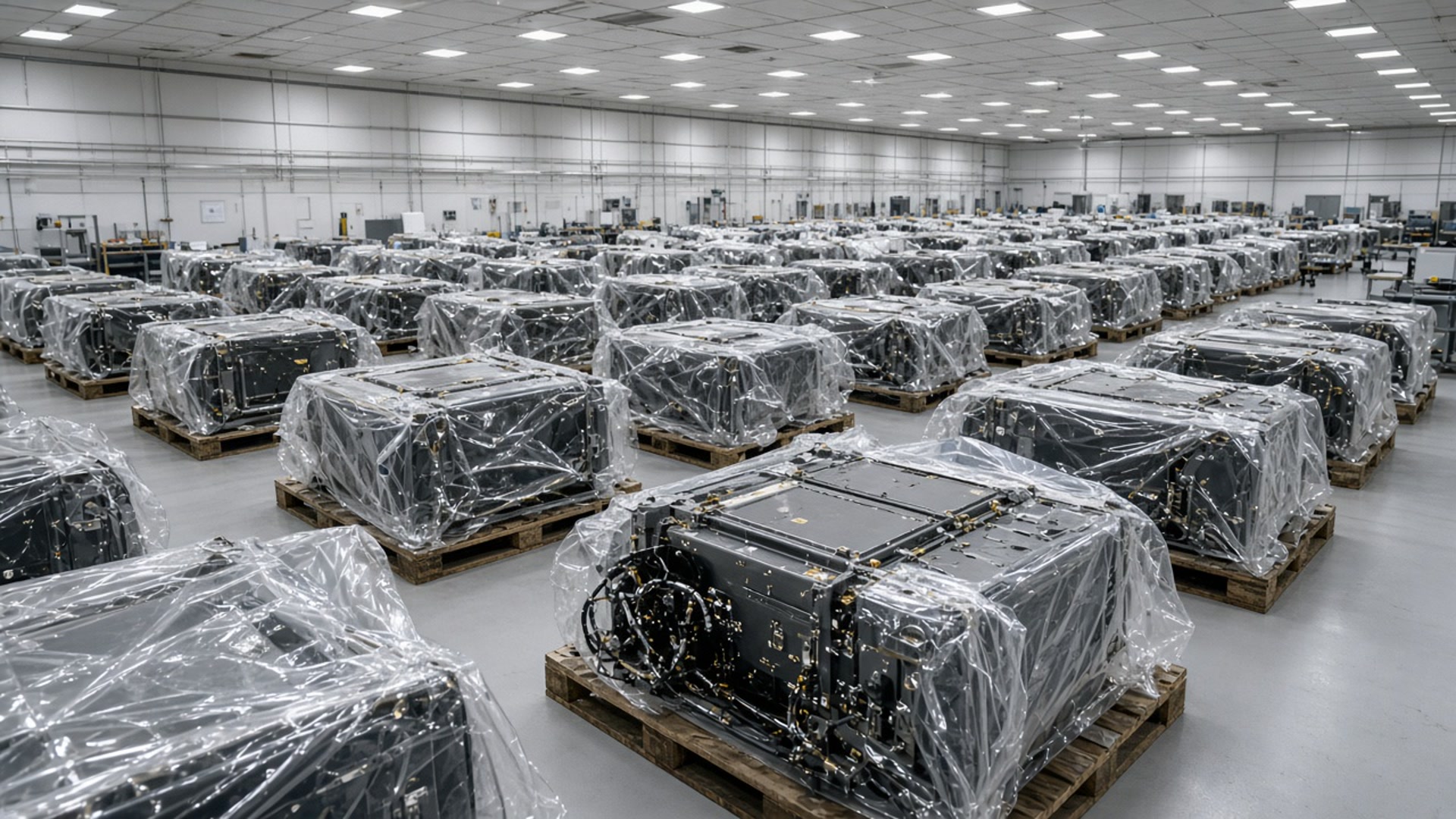Crowded aisle of plastic-wrapped LEO buses under overhead cleanroom lights.