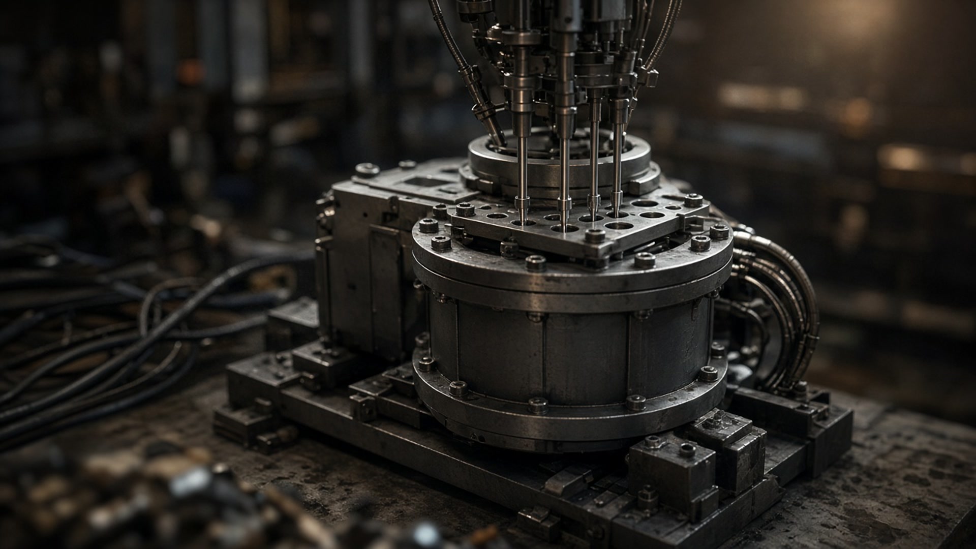 Tilt-shift rods mid-insert into a mini reactor in a dim bay.