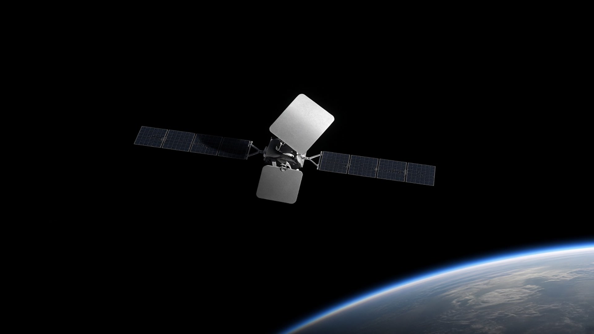A small geostationary satellite with two dark solar wings hangs in sunlight high above Earth's curve.