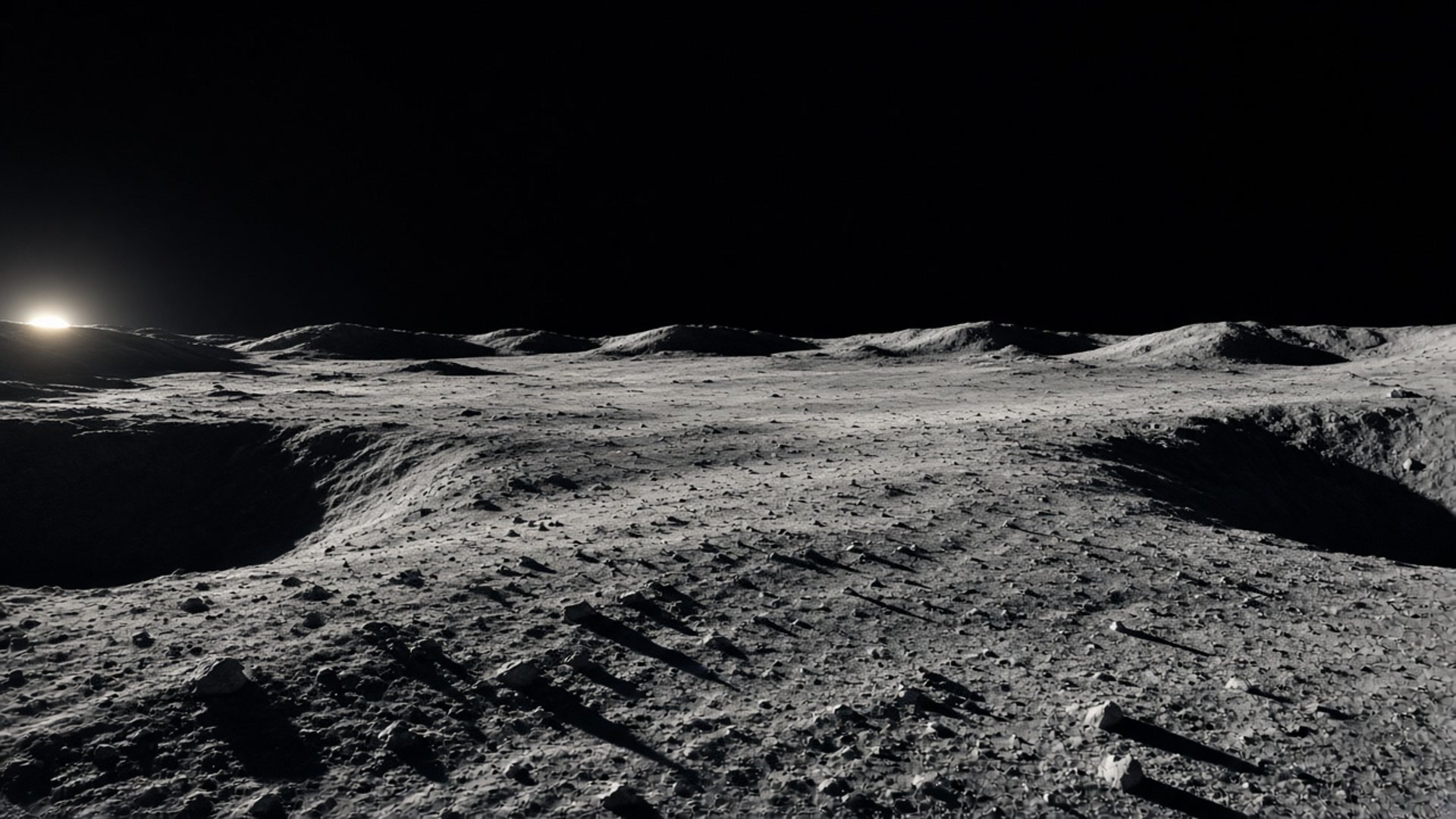 An empty patch of lunar south-pole ground waits in low sun, every rock casting a long shadow.