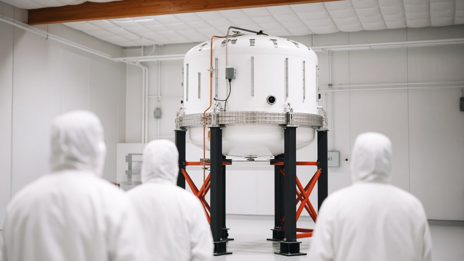 Technicians in white cleanroom suits look up at a squat white rocket-stage tank on its stand.