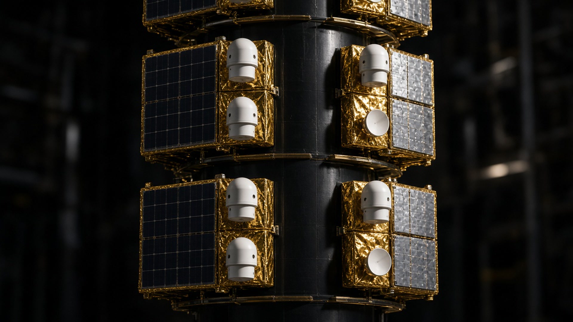 Paired white laser turrets and dark solar panels stand out on gold-foil satellites mounted to a black column.