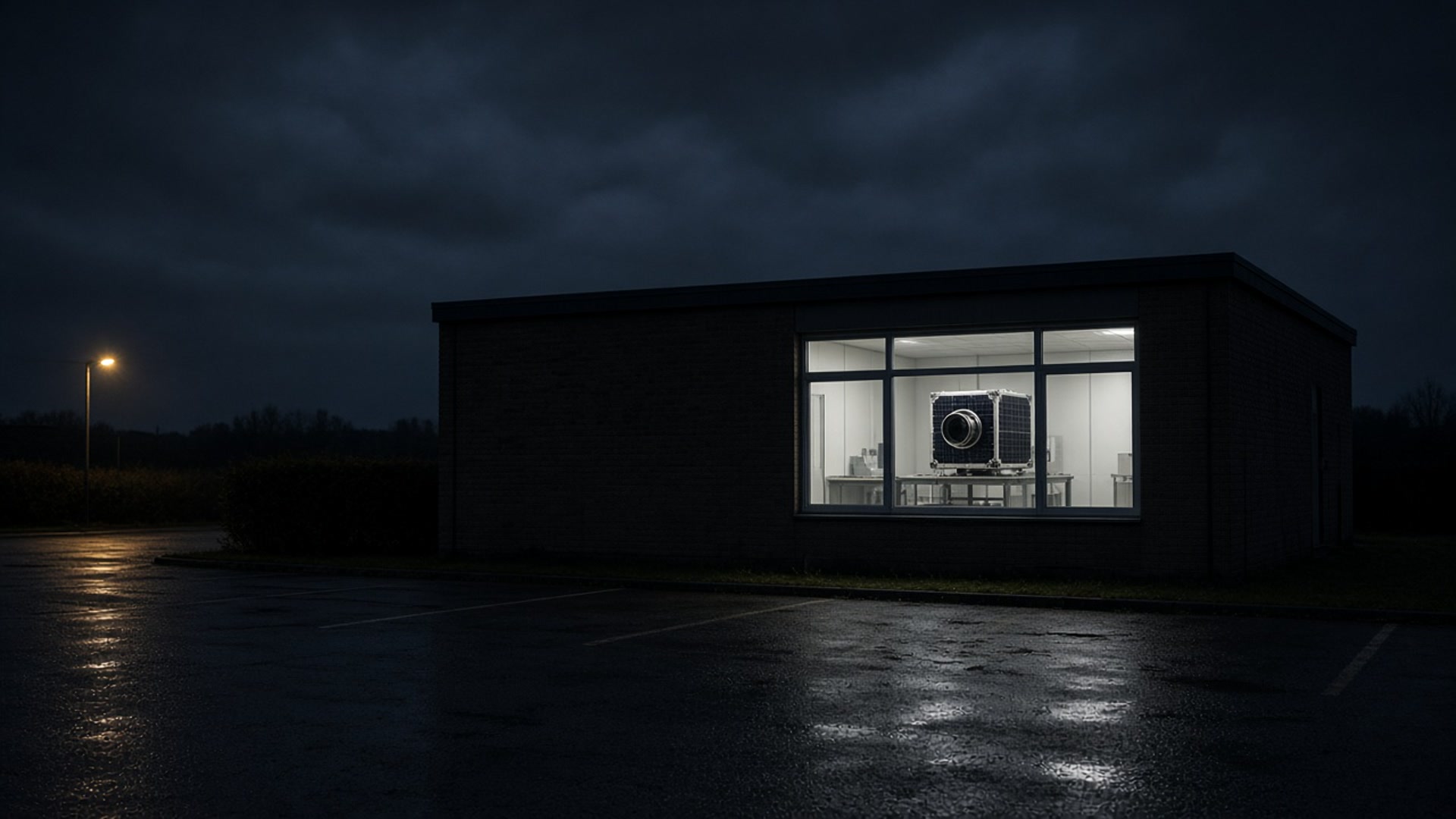 One lit window in a small factory at night shows a single satellite on a workbench.