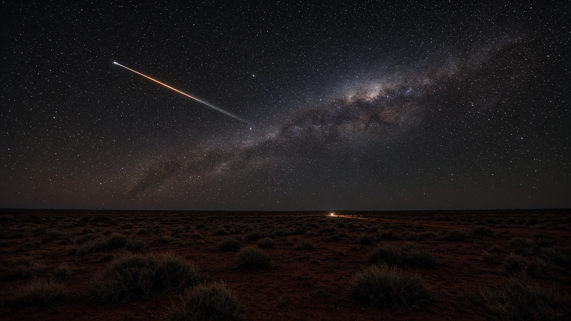 A reentry streak crosses a star-filled sky over flat red outback scrub.